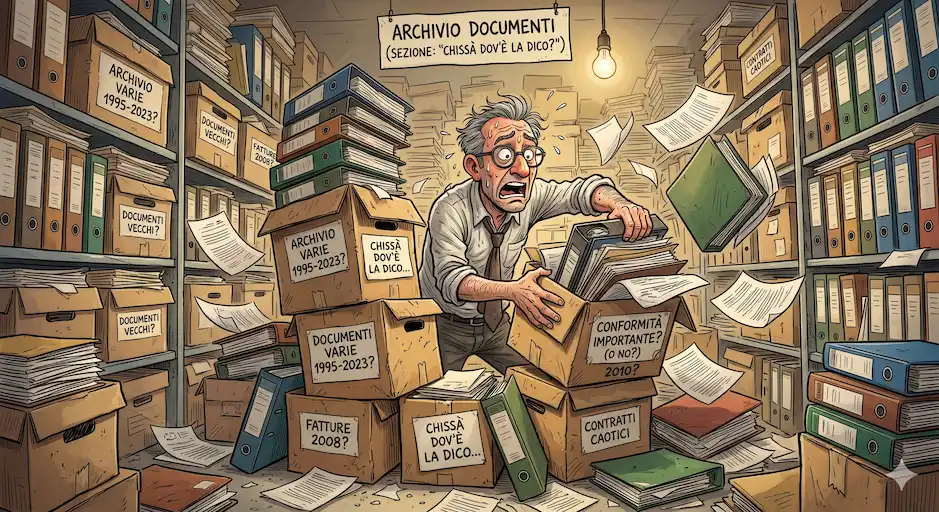 Datore di lavoro che cerca disperatamente la Dichiarazione di Conformità del suo impianto elettrico in un archivio caotico