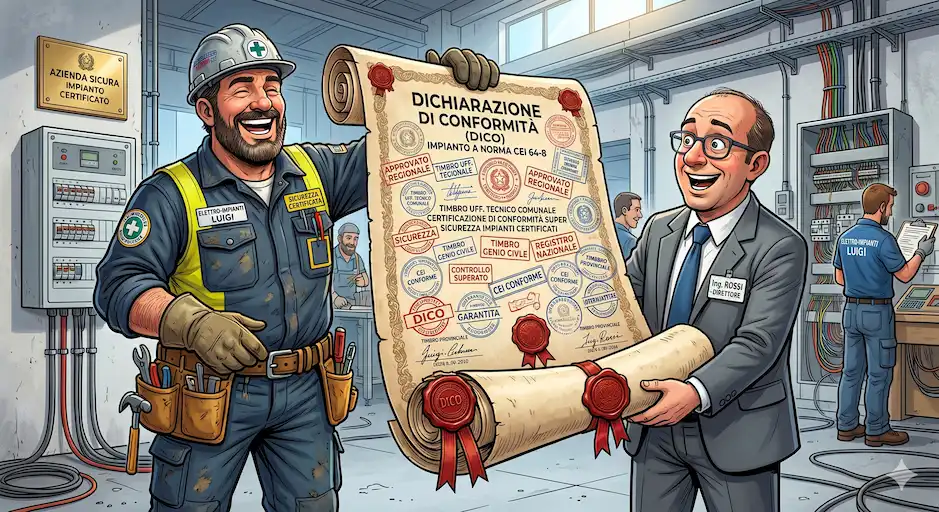 Elettricista che rilascia la Dichiarazione di Conformità DiCo al datore di lavoro al termine dei lavori di installazione dell'impianto elettrico