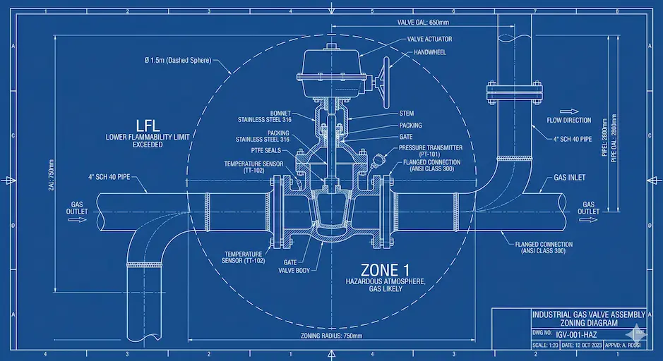 Planimetria tecnica con classificazione delle zone ATEX e volume di pericolo esplosione attorno a valvola del gas