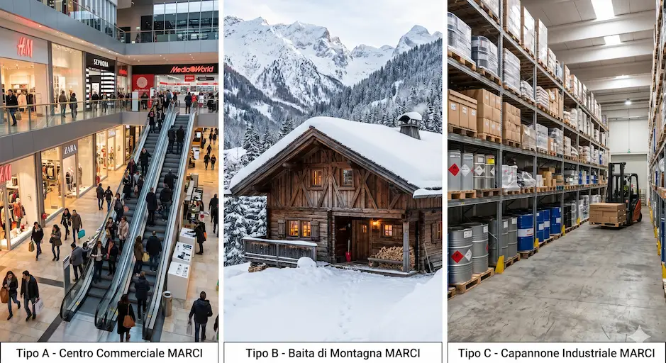 I tre tipi di luoghi MARCI secondo la norma CEI 64/8: Tipo A centro commerciale affollato, Tipo B baita in legno, Tipo C deposito industriale