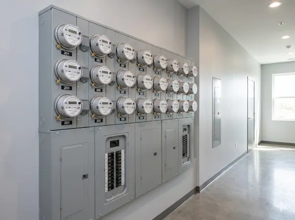 Locale contatori condominiale con quadro elettrico e misuratori